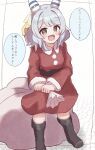  1girl :d animal_ears black_footwear blush boots breasts brown_eyes christmas commentary_request dress fur-trimmed_dress fur_trim grey_hair hair_intakes highres hishi_miracle_(umamusume) holding holding_sack horse_ears long_sleeves looking_at_viewer medium_breasts red_dress sack santa_costume simple_background smile solo standing sunanuko_(ramuneko) translation_request umamusume white_background 