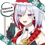  1girl :d bare_shoulders black_gloves blue_eyes blush commentary gloves grey_hair hand_up hat heart highres holding honkai:_star_rail honkai_(series) open_mouth red_headwear santa_hat short_hair smile solo speech_bubble topaz_(honkai:_star_rail) upper_body yukimi_(yuyuyu_324) 