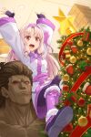  1boy 1girl ainu_clothes arms_up boots brown_hair carrying christmas_ornaments christmas_tree dark-skinned_male dark_skin fate/grand_order fate_(series) fingerless_gloves gloves hairband heracles_(fate) highres kamo_ashi long_hair red_eyes shoulder_carry sitonai_(fate) yellow_eyes 