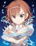  bad_id bad_pixiv_id biribiri brown_eyes brown_hair chestnut_mouth close-up dress_shirt electricity misaka_mikoto pose rabineru school_uniform shirt short_hair solo sweater_vest to_aru_kagaku_no_railgun to_aru_majutsu_no_index upper_body 