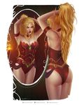  absurdres arms_up artist_name ass back bare_shoulders blonde_hair blood_elf breasts collar elf eyebrows green_eyes highres jewelry krystopher_decker long_hair looking_at_mirror medium_breasts mirror pointy_ears realistic signature solo valeera_sanguinar warcraft 