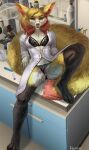 2023 anthro anus areola bodily_fluids bra braixen breasts canid chest_tuft claws clothing clothing_aside coat detailed_background dipstick_tail ear_piercing eleacat eyewear female fluffy fluffy_tail fur generation_6_pokemon genital_fluids genitals glasses hi_res lab_coat lab_coat_only laboratory lingerie mammal markings medium_breasts nintendo nipples open_lab_coat panties panties_aside piercing pink_areola pink_nipples pink_pussy pokemon pokemon_(species) pussy pussy_juice reclining seductive solo spread_legs spreading tail tail_markings teeth toe_claws topwear tuft underwear underwear_aside yellow_body yellow_fur