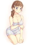  bangs blue_eyes blush breast_hold breasts brown_hair dress full_body kawamoto_akari large_breasts long_hair looking_at_viewer nanzan no_bra ponytail sangatsu_no_lion seiza short_dress sitting solo strap_slip 