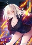  1girl ahoge bangs black_dress blue_coat blush breasts cleavage closed_mouth coat dress fate/grand_order fate_(series) fire fur-trimmed_coat fur_trim hair_between_eyes jeanne_d&#039;arc_(alter)_(fate) jeanne_d&#039;arc_(fate)_(all) jeanne_d'arc_(alter)_(fate) jeanne_d'arc_(fate)_(all) jewelry large_breasts leaning_forward looking_at_viewer necklace obiwan open_clothes open_coat short_dress short_hair silver_hair smile solo thighs wicked_dragon_witch_ver._shinjuku_1999 yellow_eyes 