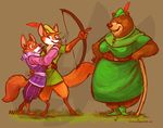  2014 bear blush bow_(weapon) brown_fur canine clothed clothing crossgender disney female fox fur group hat hi_res little_john maid_marian male mammal one_eye_closed orange_fur ranged_weapon robin_hood robin_hood_(disney) weapon weremagnus wink 