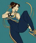  bare_arms bracelet chun-li double_bun fighting_stance hair_bun hair_ribbon high_collar highres jewelry kris_anka official_alternate_costume patterned_clothing ribbon shoes simple_background sneakers street_fighter street_fighter_zero_(series) 