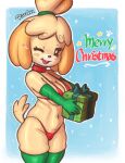 animal_crossing anthro biped breasts canid canine canis clothed clothing domestic_dog eyelashes female fur hair hi_res isabelle_(animal_crossing) mammal nintendo pupils ruruduu smile swimwear text thick_thighs