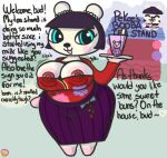animal_crossing anthro areola areola_slip bear big_areola big_breasts bodily_fluids bouncing_breasts breasts chubby_female cleavage clothed clothing english_text erect_nipples female huge_breasts inviting klutzatdusk lactating lactating_through_clothing looking_at_viewer mammal nintendo nipples pasties pekoe_(animal_crossing) short_stack solo text tight_clothing wet wet_clothing wide_hips