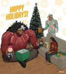  1girl 2boys alternate_costume beard black_hair braid breikka christmas christmas_tree couch cup dark-skinned_female dark-skinned_male dark_skin english_commentary english_text facial_hair green_sweater happy illari_(overwatch) indian_style lifeweaver_(overwatch) long_sleeves looking_at_another mauga_(overwatch) mug multiple_boys overwatch overwatch_2 red_sweater signature simple_background sitting standing stuffed_animal stuffed_toy sweater white_hair 