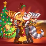 &lt;3 &lt;3_eyes 1:2 accidental_holly blue_eyes bolts breasts butt chimney christmas christmas_clothing christmas_decorations christmas_headwear christmas_present christmas_tree clank_(ratchet_and_clank) clothing cybernetic_arm cybernetic_limb duo ear_piercing ear_ring female fluffy fluffy_tail french_kissing fur gift gift_box gloves gold_bolt handwear hat headgear headwear hi_res holidays holly_(plant) kiss_on_lips kissing kit_(ratchet_and_clank) lombax luchosfactory male male/female mammal nuzzling piercing plant ratchet ratchet_and_clank ring_piercing rivet_(ratchet_and_clank) romantic romantic_ambiance romantic_couple santa_hat scarf sony_corporation sony_interactive_entertainment star surprise_kiss tail tree white_body white_fur yellow_body yellow_fur