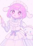  +_+ 1girl :o animal animal_ears blue_bow blue_sleeves blush_stickers bow chinochi_(user_71263306) cinnamoroll dog dog_ears dress headdress heart heart_background highres holding holding_spoon holding_teapot maid maid_headdress ootori_emu open_mouth pink_eyes pink_hair project_sekai sanrio short_hair solo spoon teapot white_background white_dress 