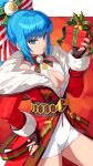  1girl belt blue_eyes blue_hair bow bow_choker box breasts capelet christmas cleavage cleavage_cutout clothing_cutout crop_top fur-trimmed_capelet fur_trim gift gift_box gloves hair_bow highres large_breasts leona_heidern long_hair looking_at_viewer merry_christmas ponytail santa_costume shorts smile solo tank_top the_king_of_fighters the_king_of_fighters_all-stars yagi2013 