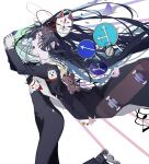  1girl ado_(utaite) alarm_clock black_bow black_bowtie black_coat black_hair blue_eyes blue_flower blue_hair blue_rose bow bowtie bug butterfly cellphone chando_(ado) clock cloud_nine_inc coat collared_shirt colored_inner_hair commentary_request dress_shirt falling_petals floating_hair flower flower_brooch fox_mask gloves highres holding holding_phone long_hair long_sleeves mask multicolored_hair musical_note official_art open_clothes open_coat open_mouth orihara_(ewkkyorhr) petals phone profile rocket roller_skates rose shirt simple_background skateboard skates smartphone softbank solo stuffed_animal stuffed_toy teddy_bear teeth two-tone_hair utaite white_background white_gloves white_shirt 