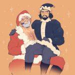  2boys alternate_costume bara beard black_hair brown_hair cassidy_(overwatch) chest_hair christmas cigar costume_request couple cropped_legs facial_hair grey_hair hanzo_(overwatch) hat large_pectorals male_focus mature_male multiple_boys muscular muscular_male one_eye_closed overwatch overwatch_2 pectoral_cleavage pectorals ponytail red_headwear santa_costume santa_hat short_hair sitting sitting_on_lap sitting_on_person sparkle_background thick_eyebrows vimeddiee yaoi 