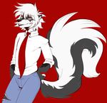  anthro clothed clothing fur hair looking_at_viewer male mammal maplecookies skunk smile solo standing 