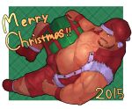  1boy 2015 arm_hair bara bare_pectorals black_hair bulge chest_hair christmas dark-skinned_male dark_skin dated full_body hairy hat highres large_pectorals leg_hair looking_at_viewer looking_to_the_side male_focus mature_male muscular muscular_male navel navel_hair nipples original pectorals plump red_headwear ryker santa_costume santa_hat short_hair smile solo stomach thick_eyebrows 