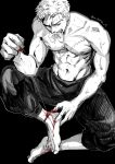  1boy abs bare_arms bare_pectorals bare_shoulders barefoot biting black_background blood blood_on_hands blood_on_leg closed_eyes crossed_legs earrings furrowed_brow greyscale holding holding_needle injury jewelry male_focus monochrome muscular muscular_male navel needle nok_(nok_1) one_piece pants pectorals roronoa_zoro scar scar_on_chest sewing_needle short_hair signature single_earring sitting solo stitched_leg stitches stitching surgery sweat topless topless_male veins veiny_arms 