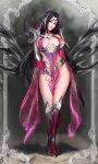  1girl armored_boots black_background black_hair boots breasts closed_mouth detached_sleeves full_body grabbing_own_breast hand_up highres irelia knee_boots large_breasts league_of_legends merellyne parted_bangs purple_hair smile solo standing thighs web_address 