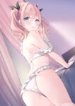  1girl absurdres ass bare_arms bare_legs bedroom black_bow blonde_hair blue_eyes blurry blurry_background bow bra curtains dutch_angle frilled_bra frilled_panties frills from_behind hair_bow hair_intakes highres kmr_7m leaning_forward long_hair looking_back original panties solo strap_slip thigh_gap tongue tongue_out twintails underwear underwear_only white_bra white_panties 