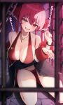  1girl arrow_through_heart bare_shoulders bars bikini black_coat blurry blurry_foreground blush bound bound_wrists breasts chain coat commentary_request cuffs english_commentary fang hair_between_eyes hair_ribbon halterneck handcuffs head_tilt heart heart_necklace heterochromia highres hololive houshou_marine houshou_marine_(summer) in_cell jewelry kneeling large_breasts leaning_forward long_hair long_sleeves looking_at_viewer mixed-language_commentary necklace off_shoulder open_clothes open_coat open_mouth prison_cell red_bikini red_eyes red_hair red_ribbon restrained ribbon smile solo stone_floor swimsuit thomas_8000 translation_request twintails virtual_youtuber yellow_eyes 