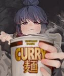  1girl :t blue_hair blurry blurry_foreground cup_ramen fingerless_gloves food gloves hair_bun highres holding holding_food leadin_the_sky purple_eyes shima_rin solo yurucamp 