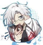  1boy black_shirt blood blood_on_clothes blue_eyes chinese_commentary commentary_request doughnut food glasses holding_doughnut kanou_aogu lab_coat long_sleeves male_focus one_eye_closed open_mouth saibou_shinkyoku semi-rimless_eyewear shirt short_hair smile solo tiegeban white_hair 