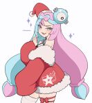  1girl absurdres artist_name bare_shoulders blue_hair bow-shaped_hair character_hair_ornament cremanata detached_sleeves dress fur_trim hair_ornament highres iono_(pokemon) long_hair looking_at_viewer multicolored_hair pink_eyes pink_hair pokemon pokemon_sv santa_dress sharp_teeth single_thighhigh sleeves_past_fingers sleeves_past_wrists smile solo teeth thighhighs twintails two-tone_hair upper_teeth_only very_long_hair white_background 