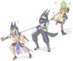  1girl 2boys ahoge animal_ears animal_hat arm_up asymmetrical_legwear asymmetrical_sleeves black_hair boots capelet collei_(genshin_impact) commentary_request cyno_(genshin_impact) dark-skinned_male dark_skin dress faceless faceless_male full_body genshin_impact green_hair grey_hair hat highres himeko_(bkbkbnb) holding holding_leash leash leash_pull long_hair long_sleeves medium_hair multicolored_hair multiple_boys musical_note outstretched_arm pants pulling scarf shirt short_dress short_sleeves shorts standing tail thighhighs tighnari_(genshin_impact) toeless_footwear two-tone_hair uneven_sleeves walking 