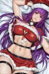  1girl bikini blunt_bangs breasts capelet closed_mouth fern_(sousou_no_frieren) fur-trimmed_bikini fur-trimmed_capelet fur-trimmed_skirt fur_trim hat highres large_breasts long_hair looking_at_viewer lying navel neoartcore on_back purple_eyes purple_hair purple_pupils red_bikini santa_bikini santa_hat skirt solo sousou_no_frieren straight_hair swimsuit thigh_strap 