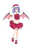  ascot bare_arms bat_wings bekotarou blue_hair closed_mouth crop_top full_body hat looking_at_viewer mary_janes midriff miniskirt navel pink_wings red_eyes red_hat red_skirt remilia_scarlet sailor_collar santa_hat shoes short_hair simple_background skirt sleeveless smile solo standing touhou white_background wings 