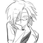  1boy closed_mouth eyes_visible_through_hair frown glasses hand_on_own_cheek hand_on_own_face jacket kanou_aogu long_sleeves looking_at_viewer male_focus open_clothes open_jacket saibou_shinkyoku semi-rimless_eyewear shirt short_hair simple_background sketch solo suiyuejinghaohetangyuesehuahaoyueyuan white_background 