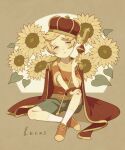  1boy blonde_hair blush brown_background cape character_name crown flower grey_eyes grey_shorts hand_on_own_knee highres holding holding_scepter knee_up lucas_(mother_3) male_focus mother_(game) mother_3 parted_lips red_cape scepter shifumame shirt short_hair shorts sitting socks solo striped striped_shirt sunflower white_socks 