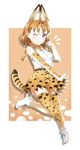  1girl ;3 animal_ears bare_shoulders blush boots bow bowtie closed_mouth cosplay elbow_gloves extra_ears eyebrows_visible_through_hair full_body gloves highres kemono_friends leg_up looking_at_viewer love_live! love_live!_sunshine!! orange_hair pink_eyes serval_(kemono_friends) serval_(kemono_friends)_(cosplay) serval_ears serval_print serval_tail shirt silhouette sleeveless sleeveless_shirt solo striped_tail surfing_orange tail takami_chika thighhighs white_footwear white_shirt 
