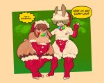 anthro big_butt blue_eyes blush brown_body brown_fur bulge butt christmas christmas_clothing christmas_headwear clothed clothing digital_media_(artwork) duo ear_piercing eldiipiid embarrassed english_text erling_(nowax) fur genitals girly hair harry_gray_(eldiipiid) hat headgear headwear hi_res holidays huge_butt lagomorph leporid male male/male mammal moobs nipples overweight penis piercing rabbit red_eyes santa_hat simple_background text thick_thighs white_body white_fur wide_hips