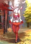  autumn_leaves bad_id bad_pixiv_id blurry blush closed_mouth curtsey day depth_of_field eyebrows_visible_through_hair frilled_sleeves frills full_body fur_collar head_wings japanese_crested_ibis_(kemono_friends) kemono_friends long_hair long_sleeves looking_away mary_janes multicolored_hair outdoors pantyhose pleated_skirt red_hair red_legwear red_skirt rokuroku_(xd_p) shirt shoes skirt skirt_hold smile solo standing tree two-tone_hair white_hair white_shirt wide_sleeves 