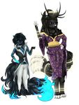  5_fingers alecksi angry anjak anthro black_hair black_horn blue_eyes cat clothing donotcry dress duo feline fluffy fluffy_tail girly hair halo holy horn long_tail mammal pants paws purple_dress sassy twistedzepher upset 