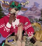 2023 absurd_res anthro antlers bag balls belt big_balls big_penis bottomwear christmas christmas_clothing christmas_lights christmas_sweater christmas_topwear clothing cloud container day deer detailed_background dialogue dolph_(fortnite) drugs english_text epic_games erection eyewear facial_hair fortnite fur genitals glass glass_container glass_jar hi_res holding_object holidays horn humanoid_genitalia humanoid_penis inviting jar jerro looking_at_viewer male mammal marijuana marijuana_blunt mountain new_world_deer number outside pants penis plant presenting presenting_penis pubes reindeer sitting smoke smoking snow solo stubble sunglasses sweater text topwear tree tuft unzipped vein weighing_scale zipper