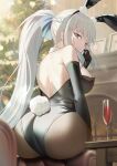  1girl absurdres alcohol animal_ears ass black_bow blue_eyes bow braid breasts cup drinking_glass fate/grand_order fate_(series) french_braid grey_hair hair_bow highres large_breasts leotard long_hair looking_at_viewer looking_back mishiro_(ixtlolton) morgan_le_fay_(fate) playboy_bunny ponytail rabbit_ears rabbit_tail sidelocks sitting smile solo tail very_long_hair wine wine_glass 