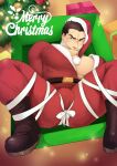  1boy anger_vein ass bara bare_pectorals boots box brown_hair bulge christmas christmas_tree framed_crotch frown gag gaged gift gift_box hat highres improvised_gag in_box in_container large_pectorals looking_at_viewer lying male_focus merry_christmas muscular muscular_male on_back original out_of_frame pectorals red_headwear santa_costume santa_hat short_hair solo spread_legs tape tape_gag thick_eyebrows winemvee 