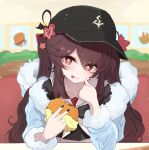  1girl :p black_headwear black_nails black_shirt blush brown_eyes brown_hair burger collarbone commentary eating eicyan123 fingernails flat_cap flower flower-shaped_pupils food fur-trimmed_hood fur_trim genshin_impact hair_flower hair_ornament hat hat_flower highres holding holding_food hood hood_down hooded_jacket hu_tao_(genshin_impact) jacket long_hair looking_at_viewer nail_polish open_clothes open_jacket plum_blossoms red_flower shirt solo symbol-shaped_pupils tongue tongue_out twintails upper_body white_jacket 