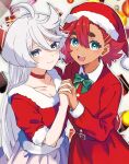  ahoge blush christmas dress grey_hair gundam gundam_suisei_no_majo hat highres holding_hands jewelry long_hair looking_at_viewer miorine_rembran mizuno374 red_hair ribbon ring santa_costume santa_dress santa_hat smile suletta_mercury thick_eyebrows white_hair wife_and_wife yuri 