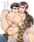  2boys absurdres adamus_(crave_saga) anger_vein arm_tattoo bara black_hair blush brown_eyes crave_saga grabbing half-closed_eyes higemaccho highres hug hug_from_behind looking_at_another male_focus multiple_boys muscular muscular_male neck_tattoo nipples open_mouth pectoral_grab pectorals protagonist_(crave_saga) purple_eyes purple_hair short_hair simple_background sparse_chest_hair tattoo thick_eyebrows translation_request white_background yaoi 