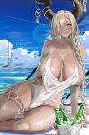  1girl alcohol anti_kumo asymmetrical_bangs azur_lane beach beer blue_sky braid breasts brown_eyes brown_horns cloud dark-skinned_female dark_skin hair_over_one_eye highres horn_ornament horns ice_bucket large_breasts large_horns long_bangs low_twin_braids mole mole_under_mouth ocean one_eye_covered owari_(azur_lane) sky solo swimsuit thigh_strap tongue tongue_out twin_braids white_swimsuit 