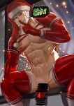  1boy abs bar_censor bara bare_pectorals beard censored christmas english_text facial_hair feet_out_of_frame finger_to_mouth flaccid from_below full_beard hat highres large_pectorals male_focus mature_male muscular muscular_male navel nikuo_(29niku) nipples original pectorals red_headwear red_thighhighs santa_costume santa_hat shaved_body short_hair shrug_(clothing) shushing sitting solo stomach thick_beard thick_eyebrows thick_thighs thighhighs thighs white_hair 