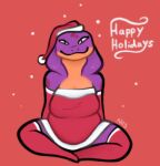 2023 anthro armwear breasts christmas christmas_clothing christmas_headwear clothing cobra female happy_holidays hat headgear headwear hi_res holidays keeshee legwear looking_at_viewer ncs purple_body reptile santa_hat scalie smile snake snake_hood solo