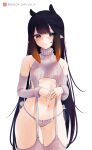  1girl black_hair blue_eyes blunt_bangs cowboy_shot detached_sleeves grey_garter_straps highres hololive hololive_english long_hair looking_at_viewer meme_attire multicolored_hair navel ninomae_ina&#039;nis orange_hair panties pointy_ears ribbed_legwear ribbed_panties ribbed_sleeves ribbed_sweater ribbed_thighhighs side-tie_panties sleeveless sleeveless_sweater sleeveless_turtleneck solo sweater thighhighs turtleneck turtleneck_sweater underwear uve virgin_destroyer_sweater virtual_youtuber web_address white_background wrist_cuffs 