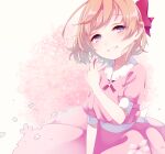  1girl blue_eyes blush bow brown_hair cherry_blossoms dress flower hair_bow holding holding_flower looking_at_viewer mother_(game) mother_2 parted_lips paula_(mother_2) pink_dress pink_flower pink_ribbon puffy_short_sleeves puffy_sleeves red_bow ribbon shifumame short_hair short_sleeves solo 