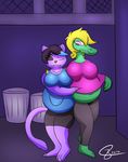  2015 alligator anthro areola belly big_breasts black_hair blonde_hair bratty_(undertale) breasts cat catty_(undertale) crocodilian duo feline female fur green_skin hair j5furry mammal multicolored_hair navel nipples nude pregnant purple_fur reptile scalie size_difference slightly_chubby two_tone_hair undertale video_games 
