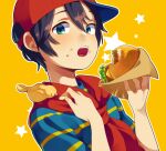  1boy animal_on_shoulder baseball_cap bird bird_feeding bird_on_shoulder black_hair burger food food_on_face green_eyes hat holding holding_food male_focus mother_(game) mother_1 neckerchief ninten open_mouth red_headwear red_neckerchief shifumame shirt sideways_hat solo star_(symbol) striped striped_shirt teeth upper_body yellow_background 