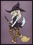  2016 anthro armpits black_nose blonde_hair blue_fur broom canine clothed clothing cub dog dress facial_markings fangs female flat_chested fur hair halloween hat hi_res holidays legwear loli mammal markings pawpads red_eyes ruka_(rukacollie) shouk simple_background smile solo stockings striped_legwear stripes white_fur witch_hat young 